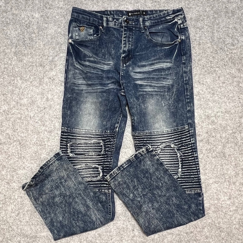Rocawear Mens Moto Biker Jeans 18 Blue Acid Wash Distressed Ribbed Y2K